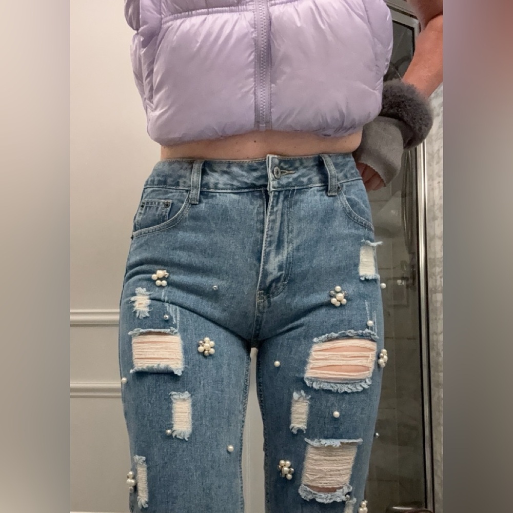 Women's Blue Distressed Jeans with Pearl Accents